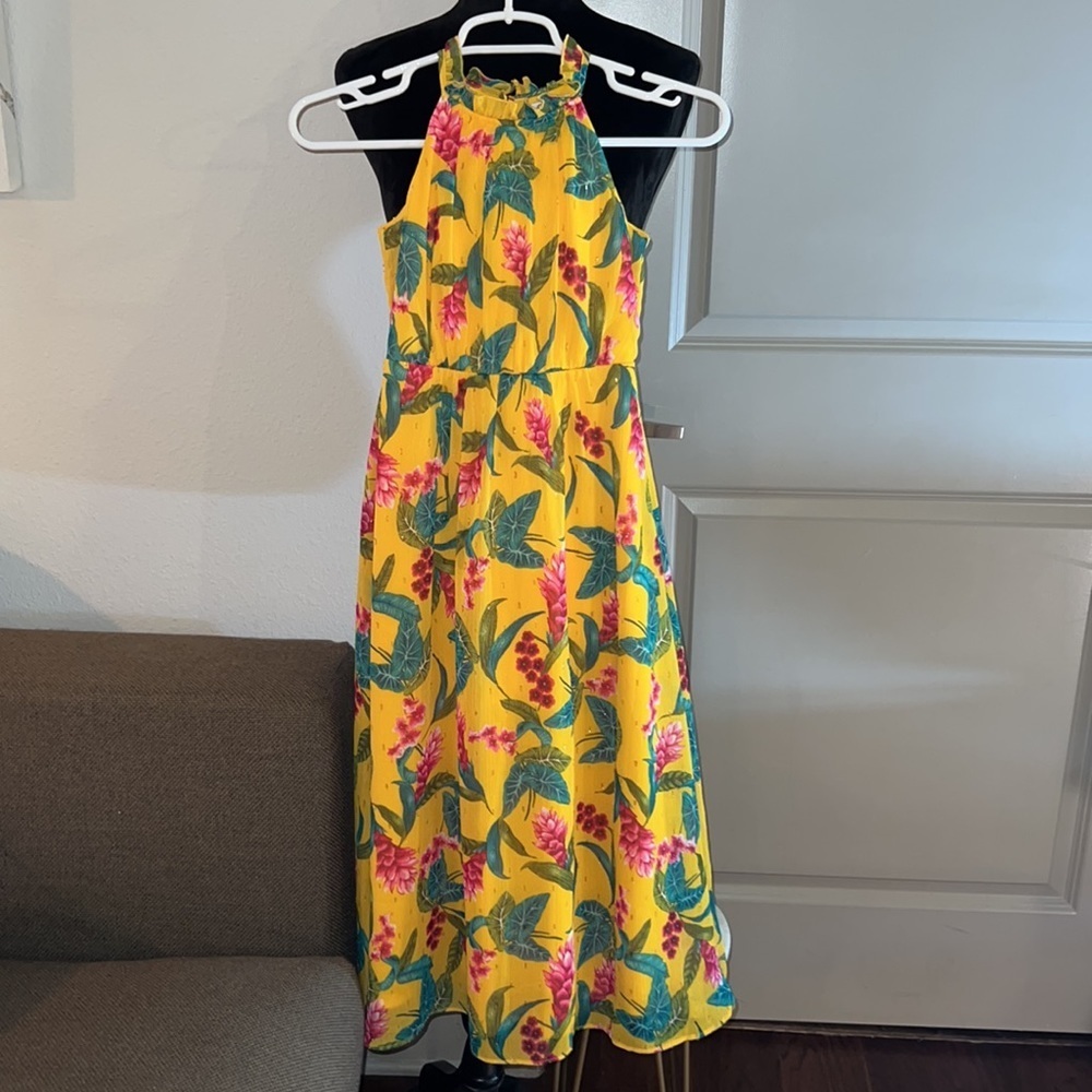 GB Girls yellow gold green & fuchsia pink floral long dress Hawaiiwan beachy  7‌ - Picture 2 of 13